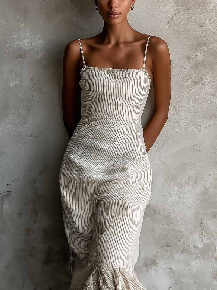 Women's Beige Striped Spaghetti Strap Maxi Dress With Ruffled Asymmetric Hem