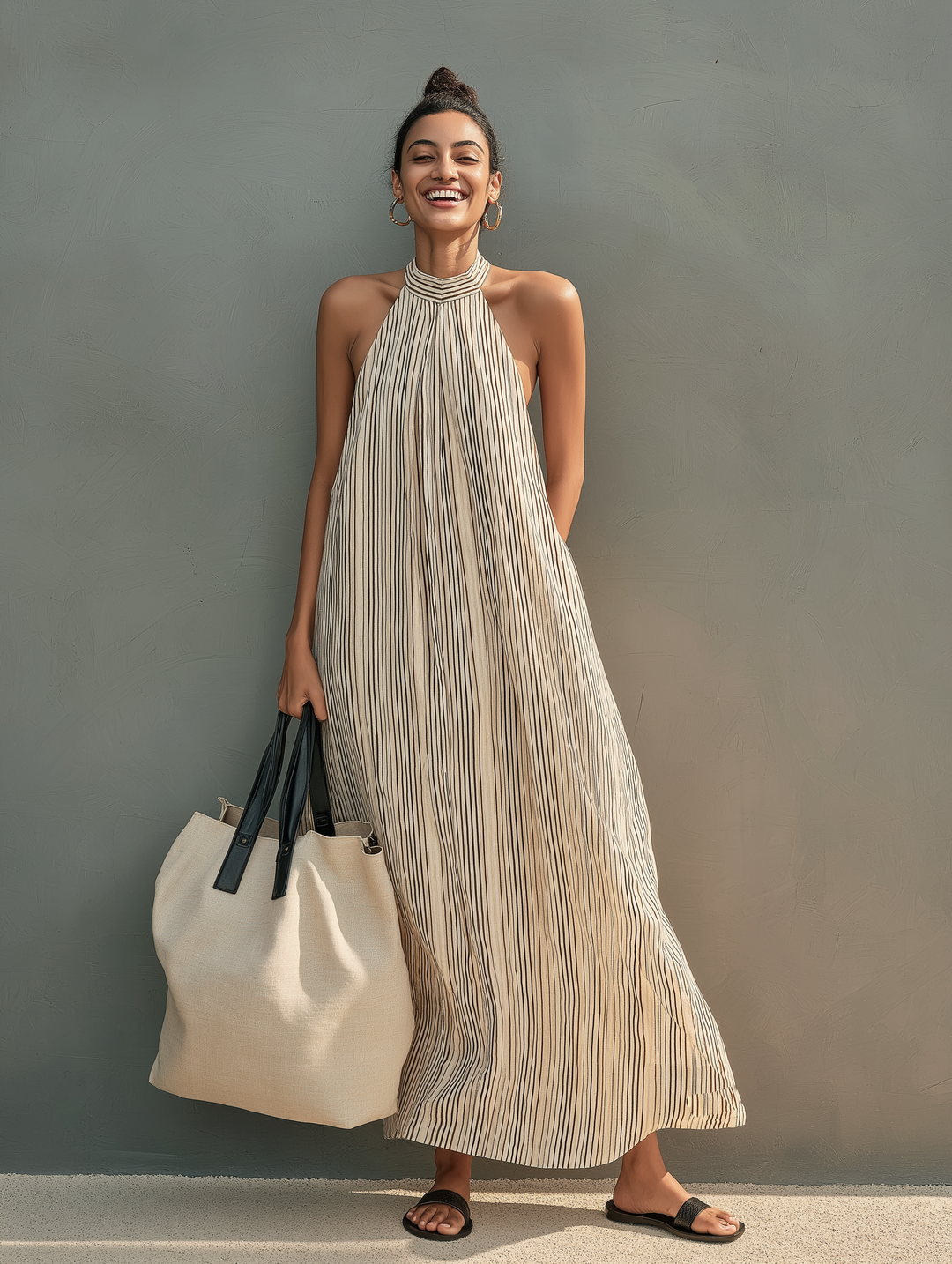 Women's Casual Beige Striped Woven Round Neck Sleeveless Loose-fitting Long Dress