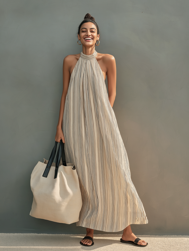 Women's Casual Beige Striped Woven Round Neck Sleeveless Loose-fitting Long Dress