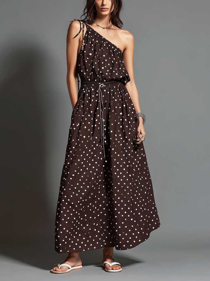Women's Casual Brown Printed Polka Dot Woven Off-shoulder Sleeveless Long Dress