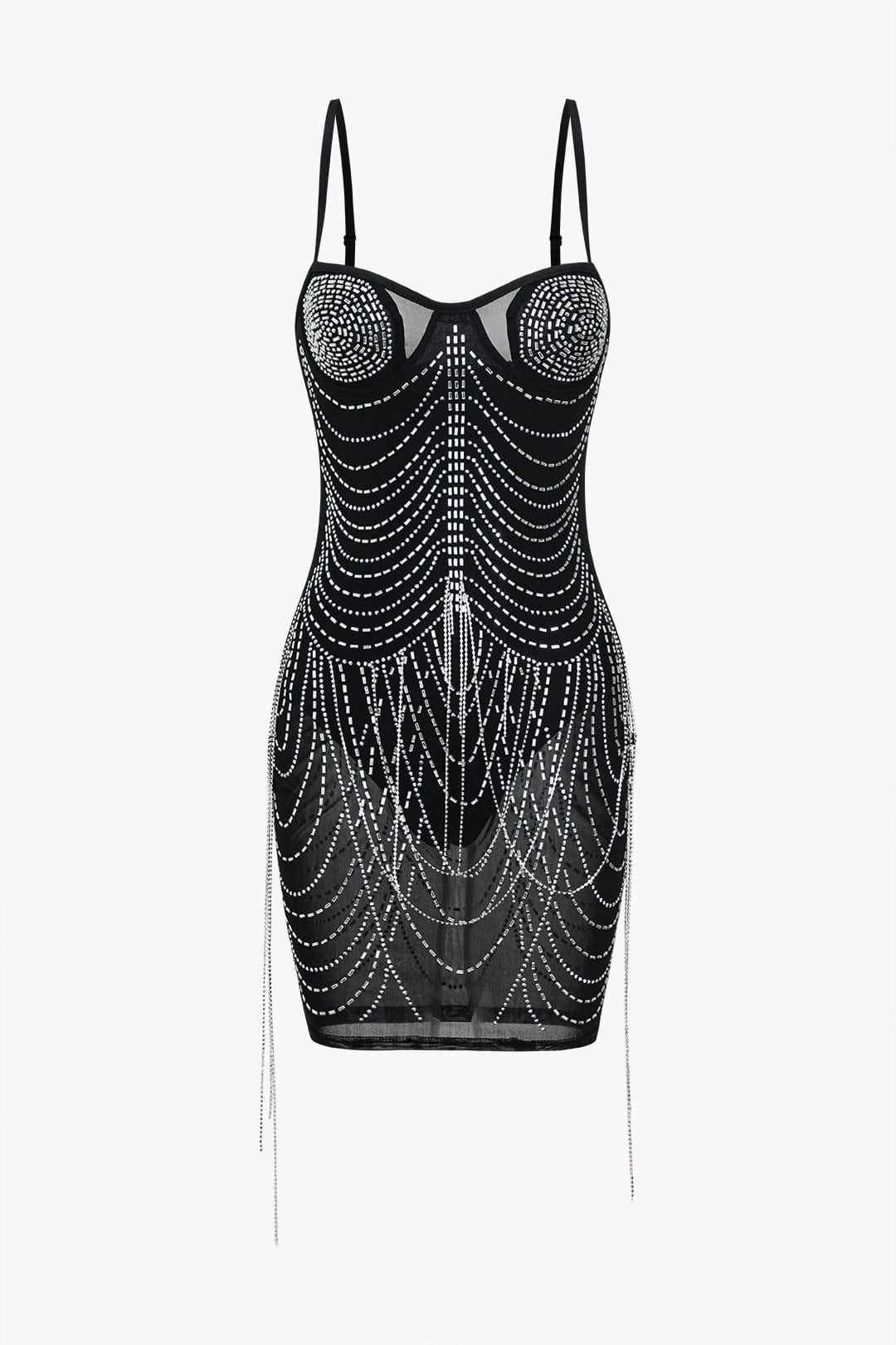 Celeste | Mini Vestido de Malla con Adornos de Diamantes de Imitación – Glamour Brillante para Noches Inolvidables