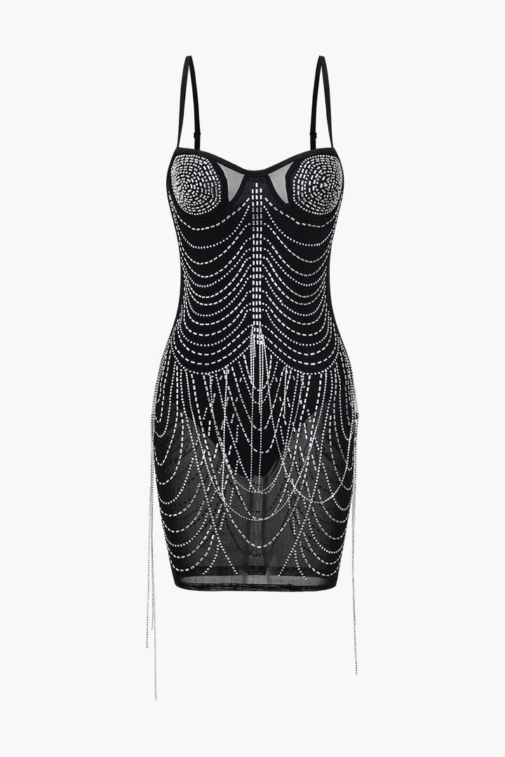 Celeste | Mini Vestido de Malla con Adornos de Diamantes de Imitación – Glamour Brillante para Noches Inolvidables