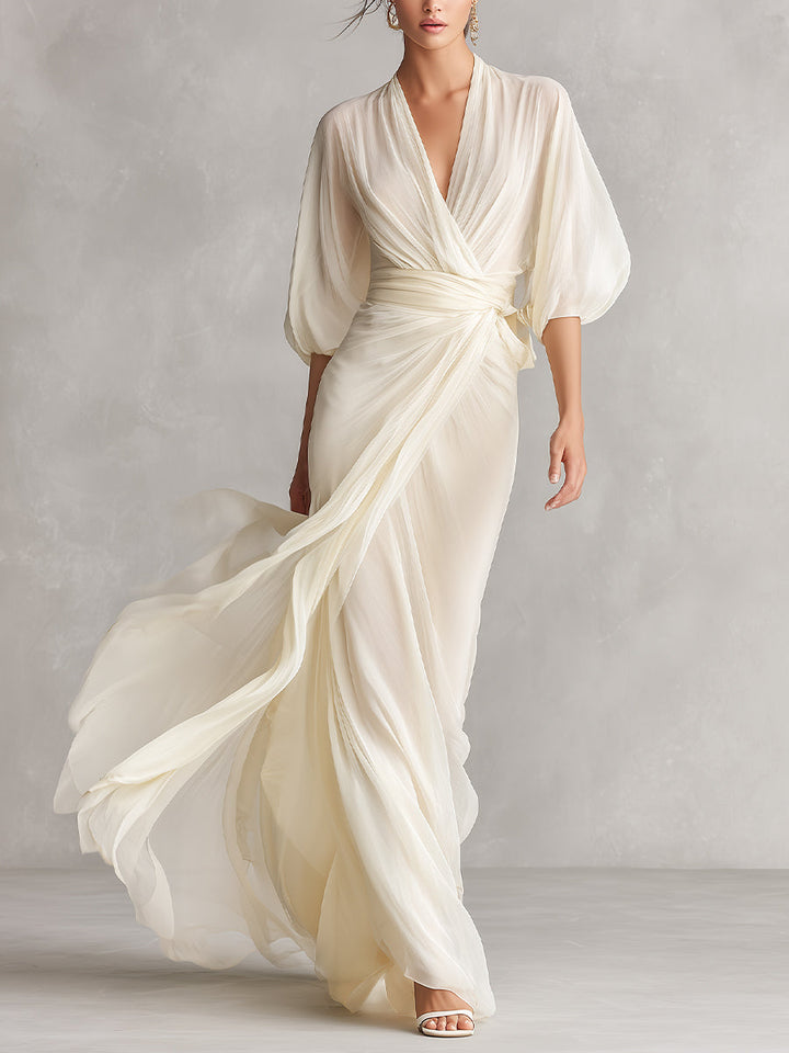 Women's Ivory Sheer Chiffon Dress With Puff Sleeves & Wrap Detail, Tim – Linda & Edward