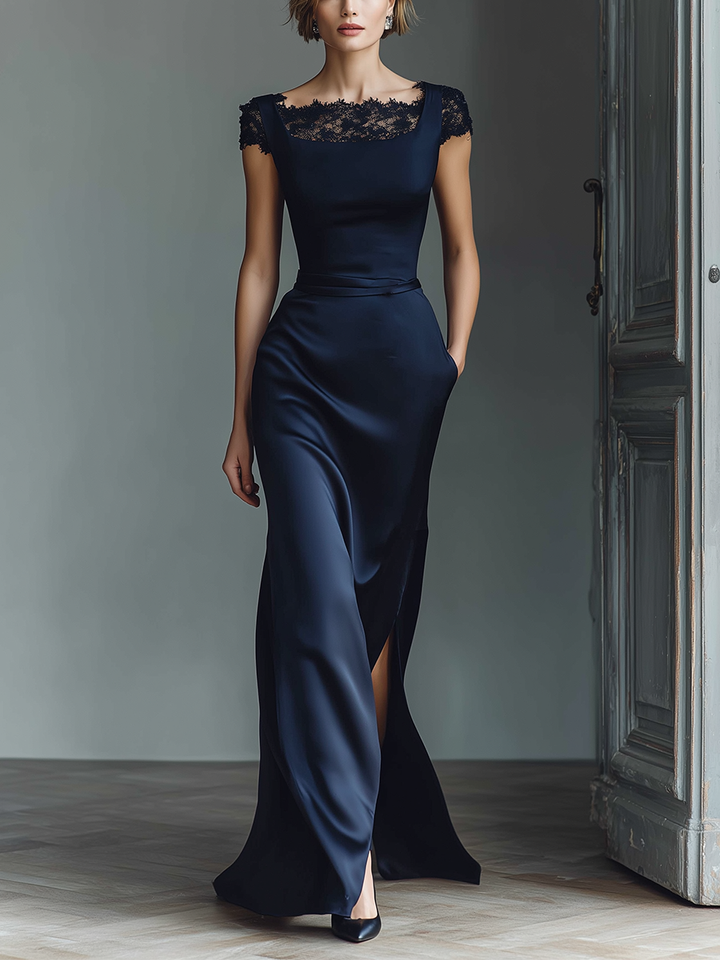 Women's Navy Blue Satin Maxi Dress With Lace Neckline