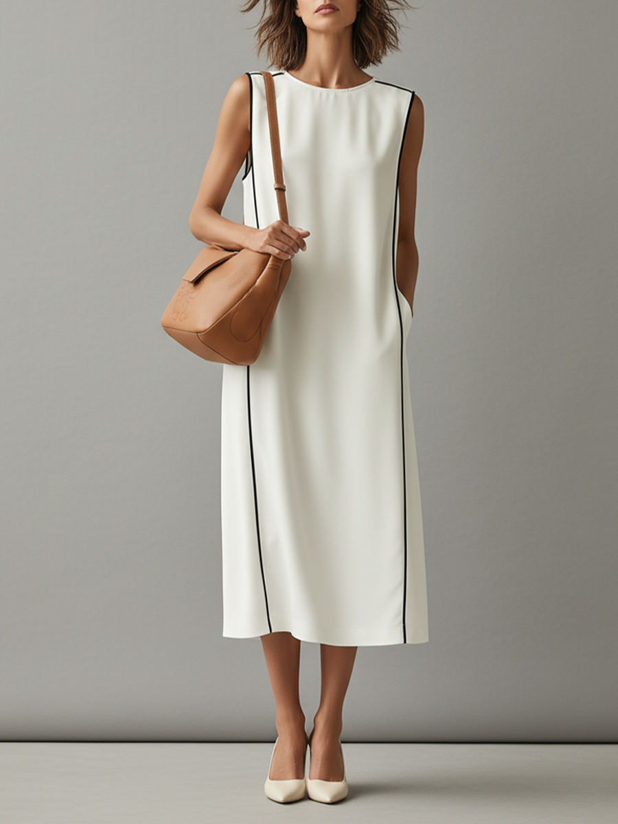 Damen weißes Baumwollkleid mit Kontrastpaspelierung und Seitentaschen, zeitlos minimalistischer-eleganter Stil