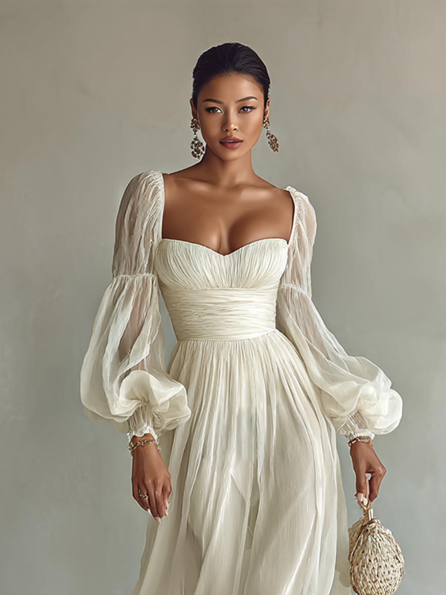 Vestido Longo Feminino de Chiffon com Decote Quadrado e Manga Longa na Cintura