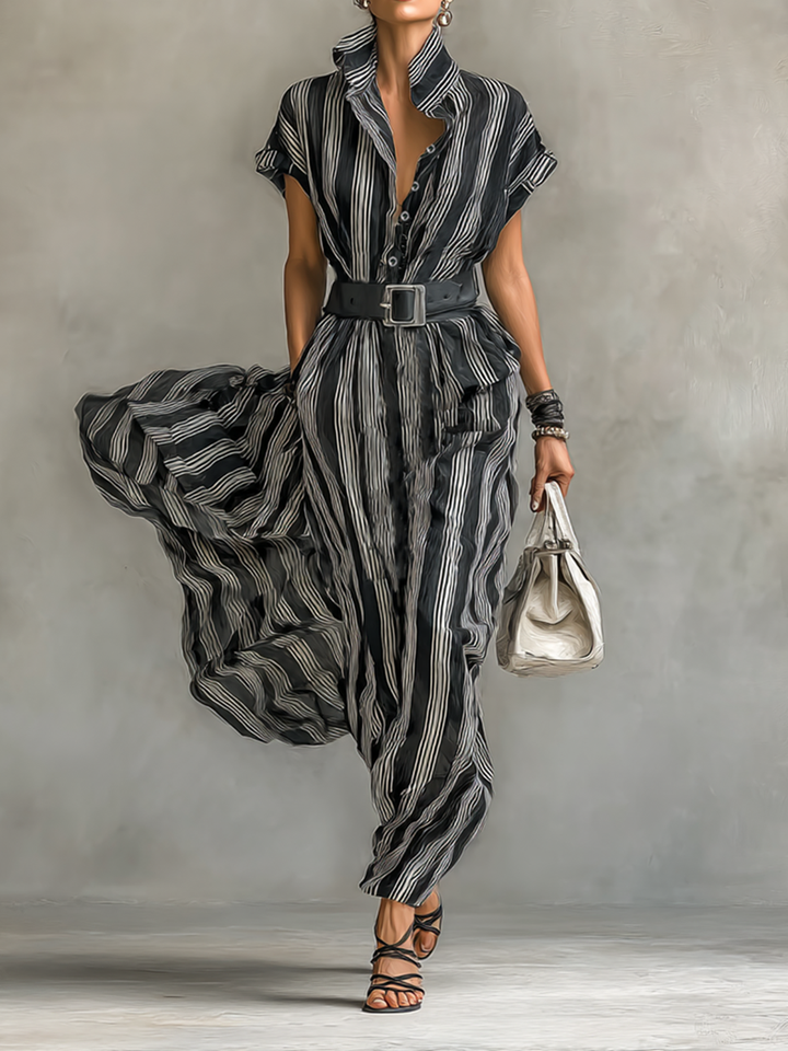 Women's Chiffon Striped Printed Lapel Short-sleeved Belted Maxi Dress