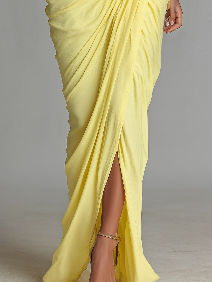 Vestito lungo da donna in misto tessuto, colore giallo brillante, con drappeggio, comodo