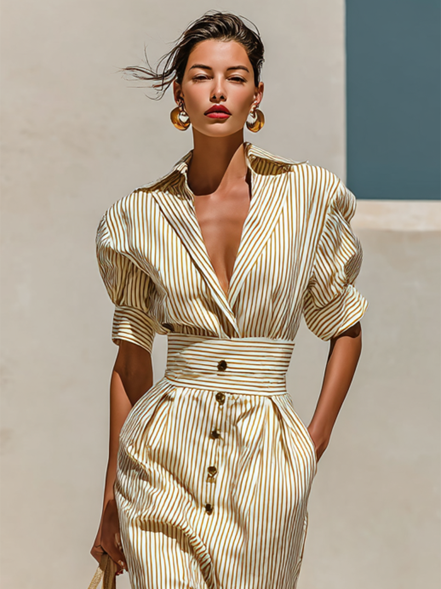 Robe midi cintrée à manches courtes avec col à revers rayé pour femme