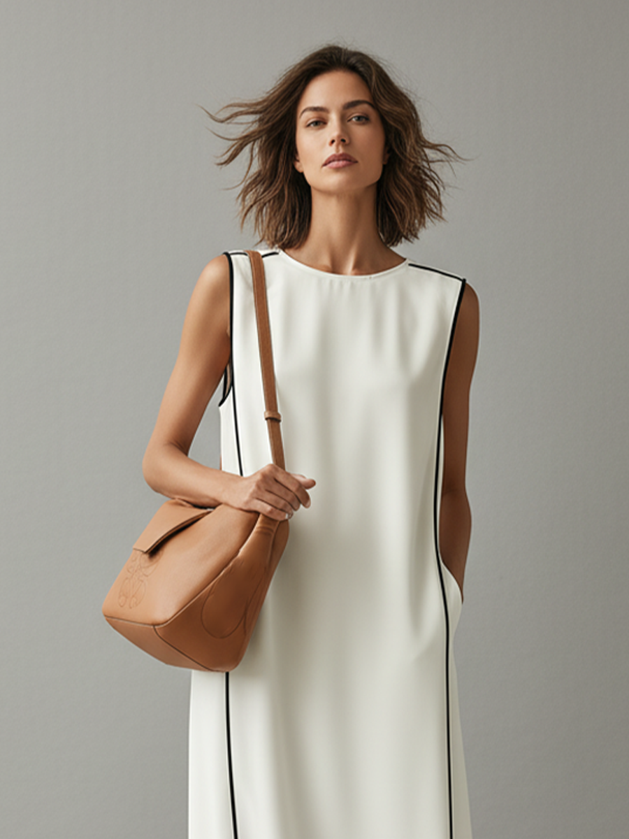 Damen weißes Baumwollkleid mit Kontrastpaspelierung und Seitentaschen, zeitlos minimalistischer-eleganter Stil