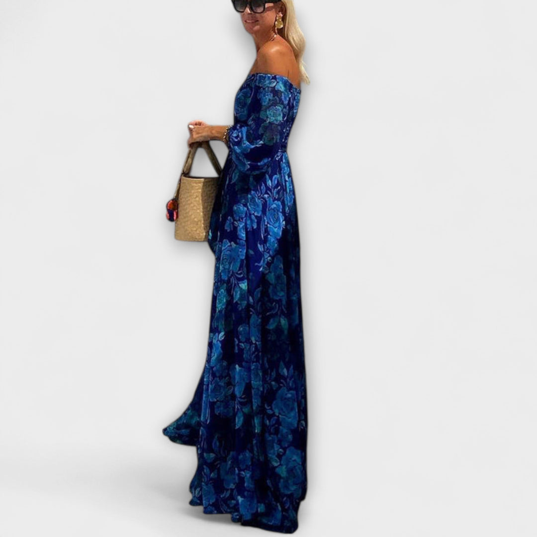 Juniper - Vestido largo fruncido con hombros descubiertos y estampado floral, ideal para vacaciones