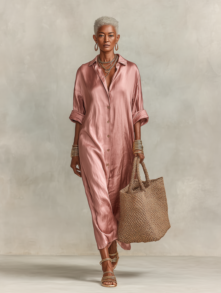 Women's Minimalist Faux Acetate Single-breasted Shirt Maxi Dress