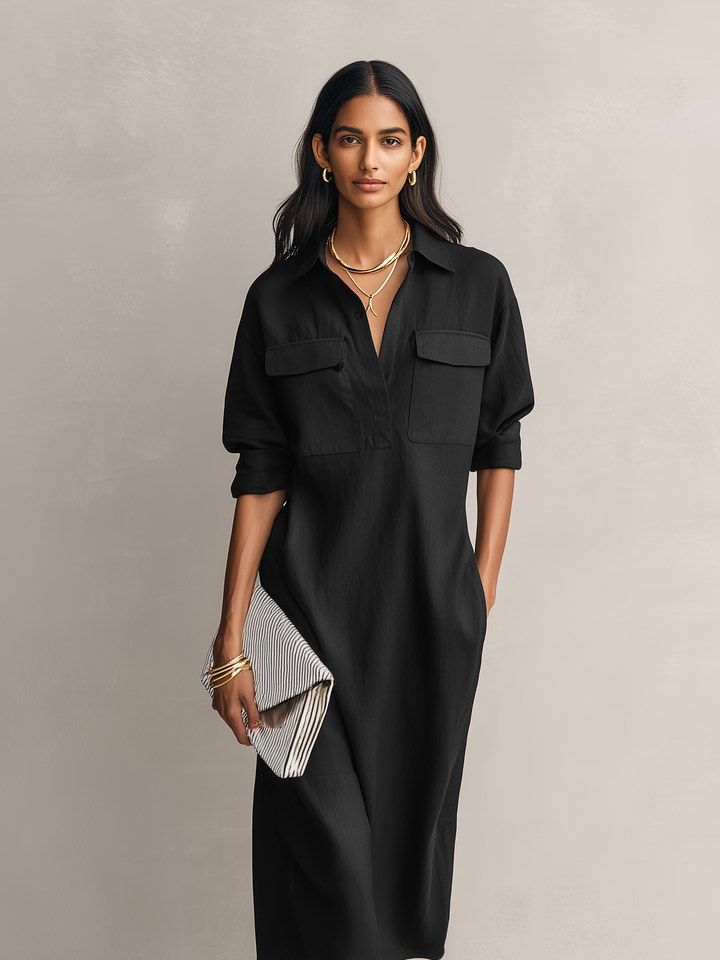 Vestido midi de mujer elegante de cuello camisero y manga corta en mezcla de algodón y lino negro