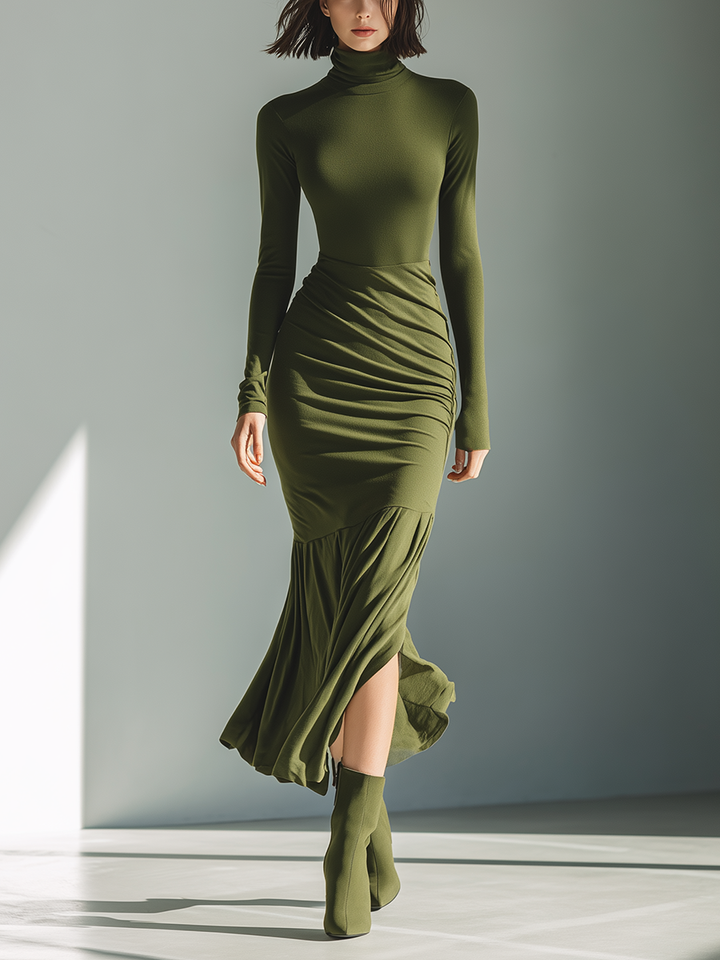 Women's Army Green Stretch Knit High Neck Pleated Slim Fit Maxi Dress