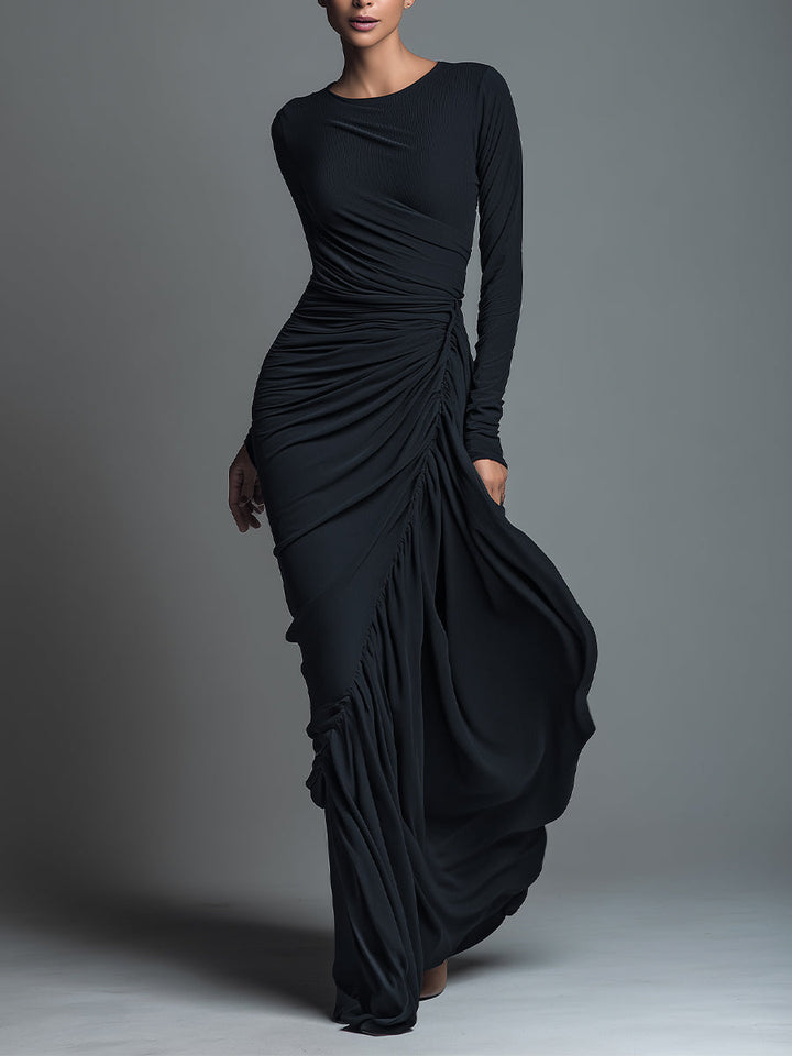 Dámské černé elegantní maxi šaty z džerseje s řasením