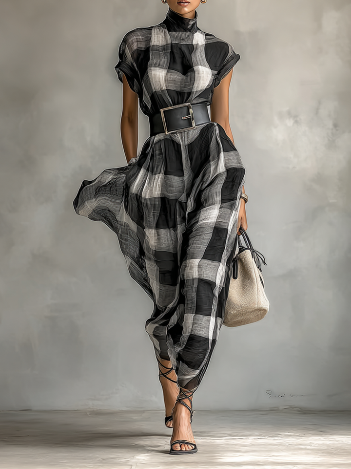 Women's Plaid Cotton Blend High Collar Short Sleeve Belt Maxi Dress