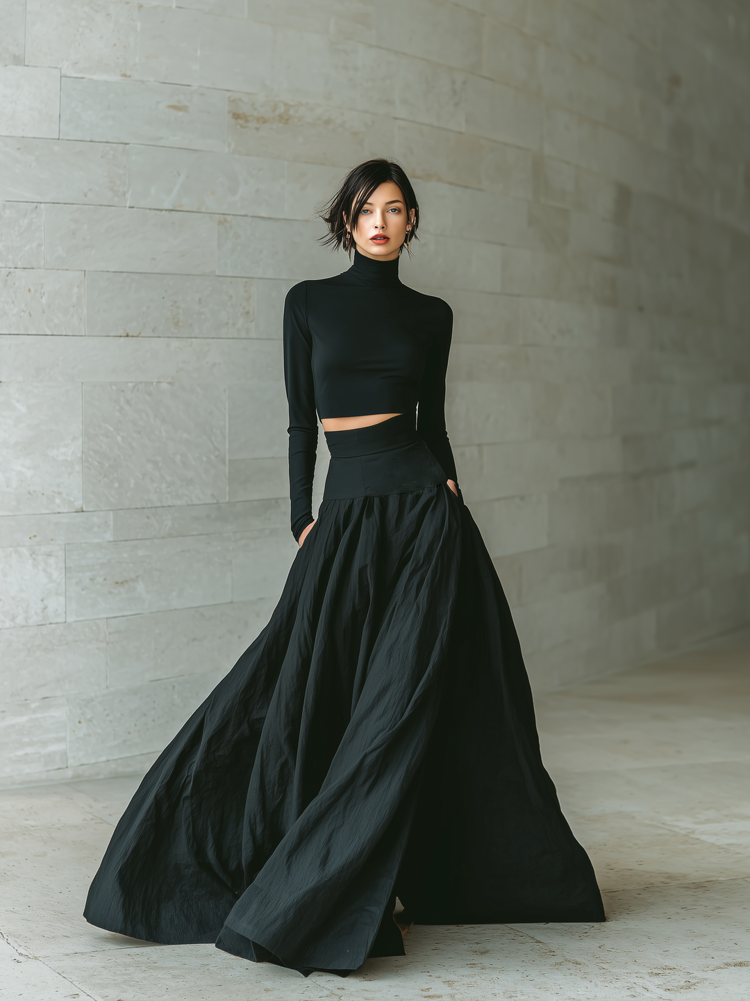 Women's Fashionable And Elegant Black Fitted Turtleneck Long-sleeved Cropped Top Paired With A Black Long Skirt