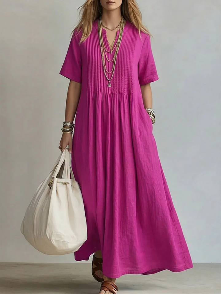 Betsaida – Vestido maxi con escote de pico, manga corta y caída fluida