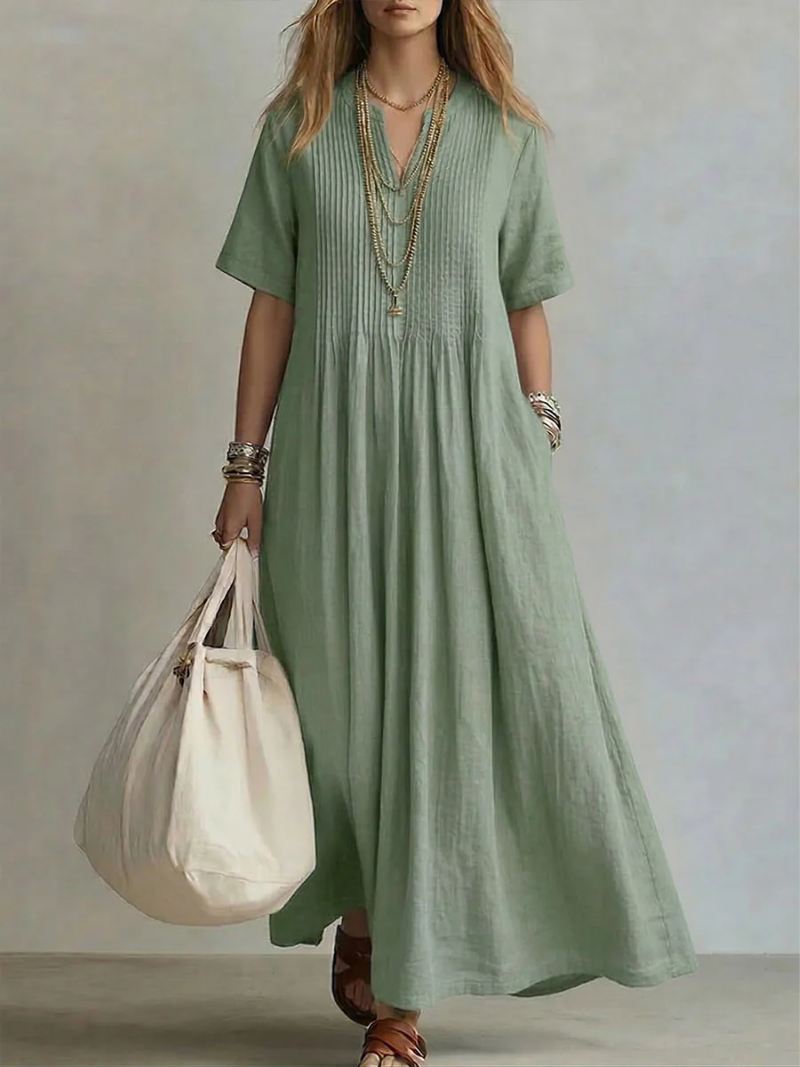Betsaida – Vestido maxi con escote de pico, manga corta y caída fluida