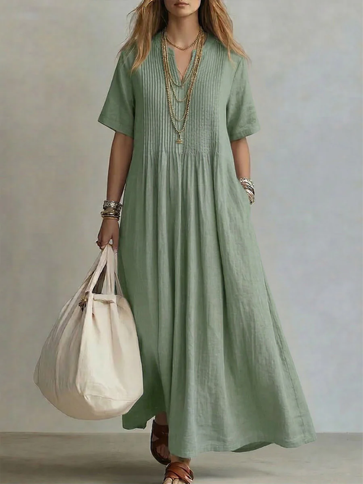 Betsaida – Vestido maxi con escote de pico, manga corta y caída fluida