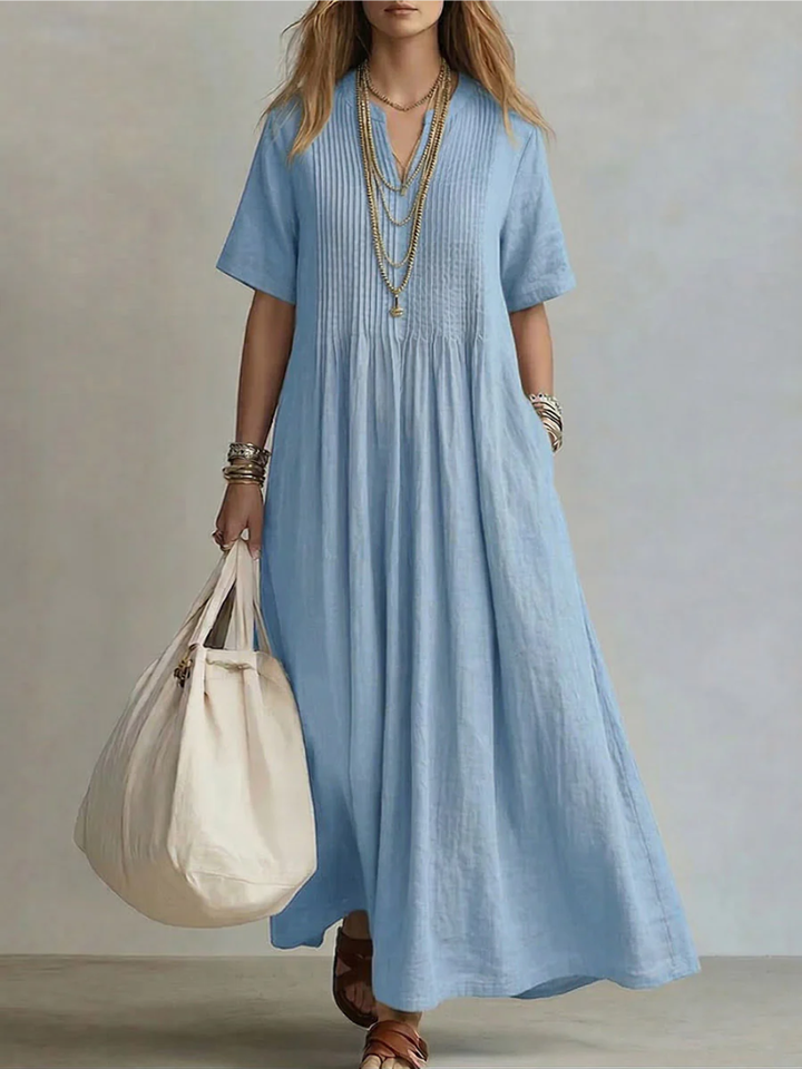 Betsaida – Vestido maxi con escote de pico, manga corta y caída fluida