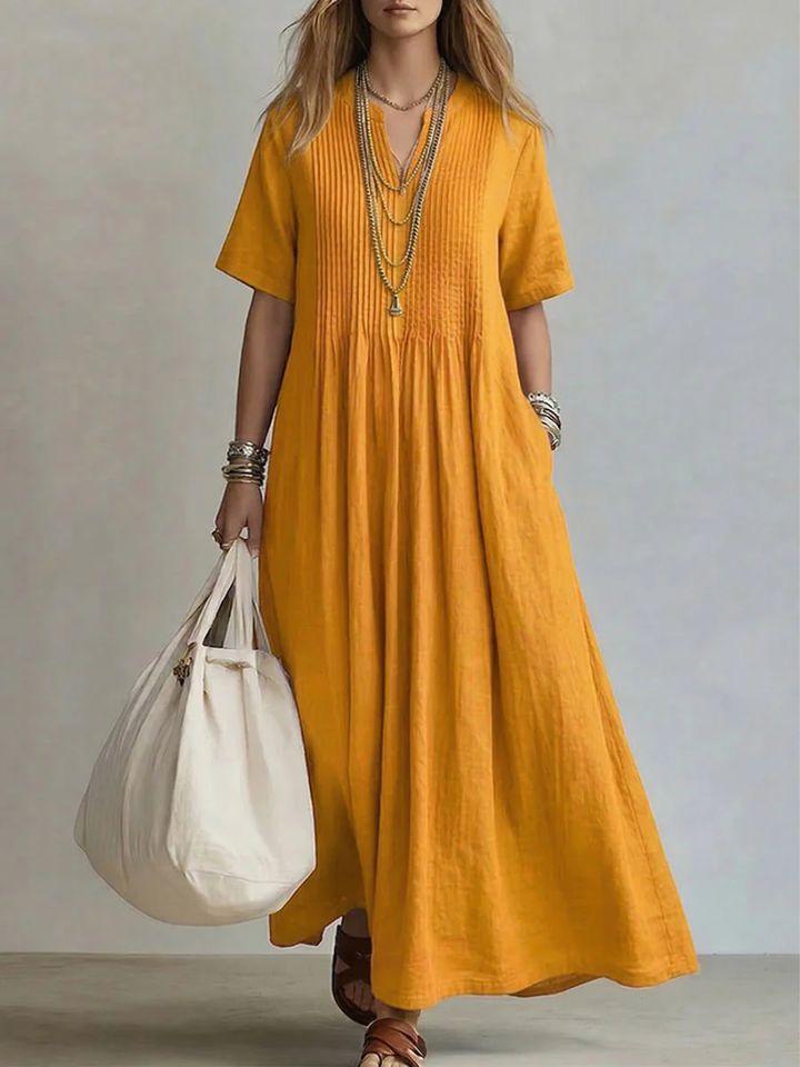 Betsaida – Vestido maxi con escote de pico, manga corta y caída fluida