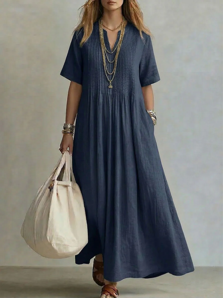 Betsaida – Vestido maxi con escote de pico, manga corta y caída fluida