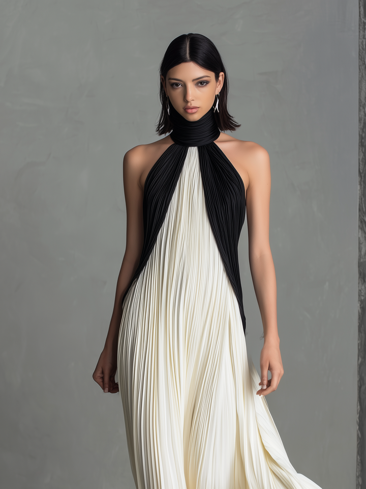 Elegant White Chiffon Pleated Round Neck Sleeveless Long Dress For Women