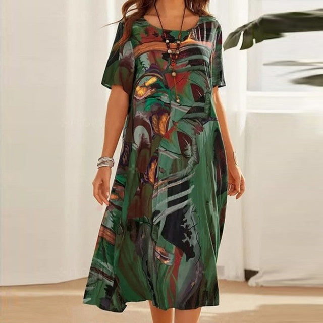 Women’s Relaxed Fit Midi Dress with Short Sleeves and Round Neck