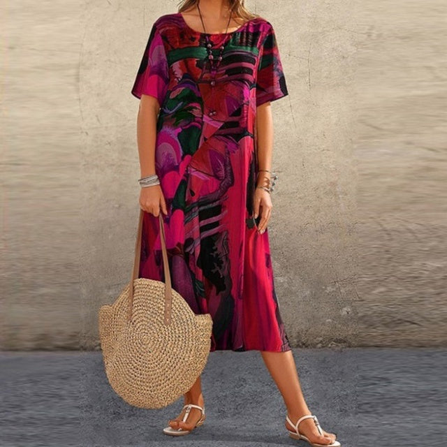 Women’s Relaxed Fit Midi Dress with Short Sleeves and Round Neck