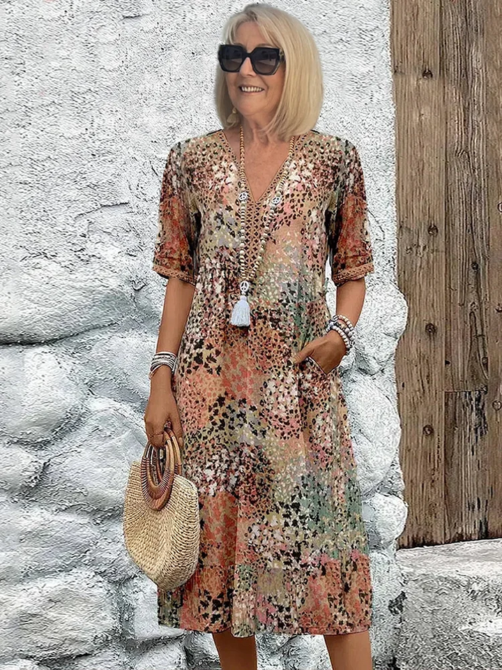 Vestido midi feminino casual estampado com decote em V