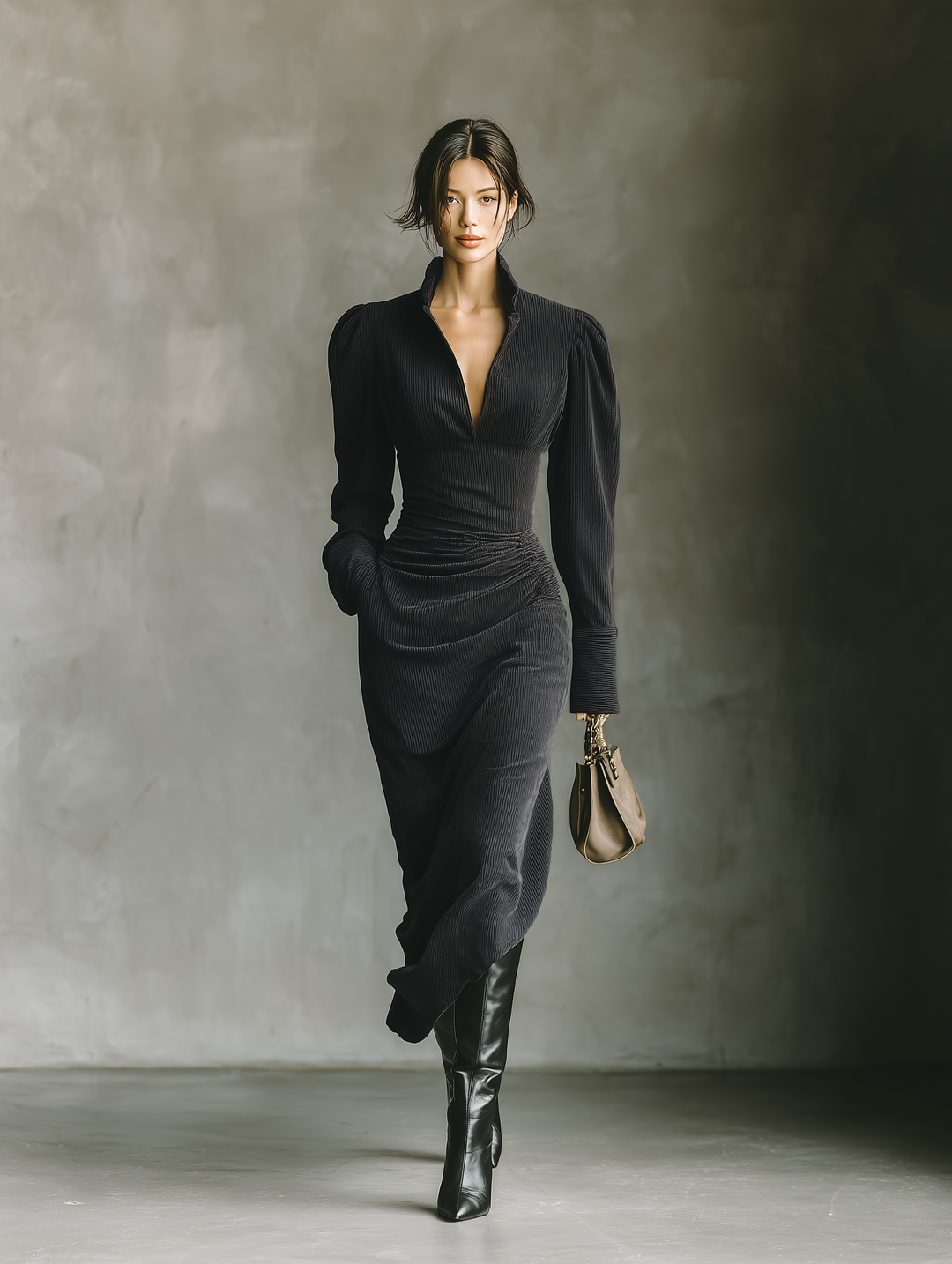 Vestito lungo in velluto a costine scollo a V in vita da donna