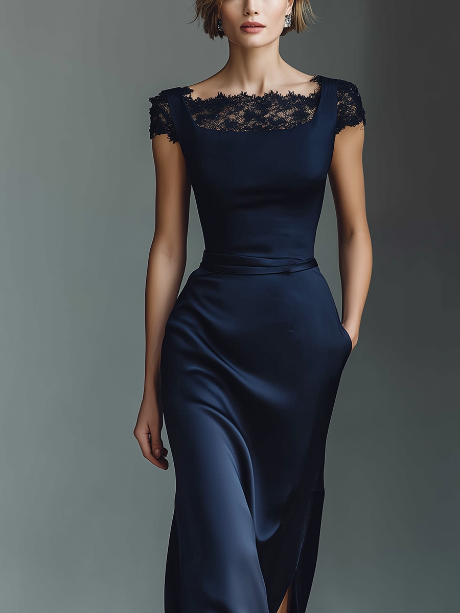 Women's Navy Blue Satin Maxi Dress With Lace Neckline