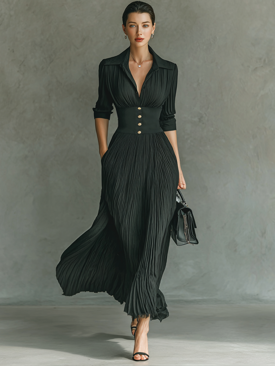 Vestido largo de manga larga con solapa plisada y cintura de color liso para mujer