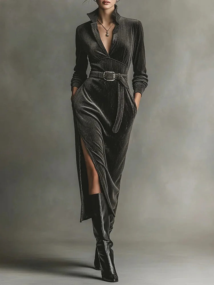 Elegant Corduroy Dress with Neck Tie and Side Slits