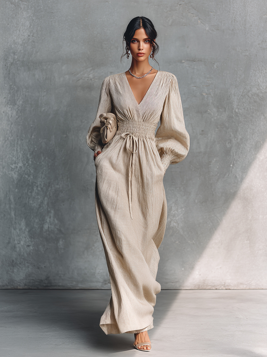 Women's Beige Cotton Linen Striped V-Neck Shirred Waist Maxi Dress