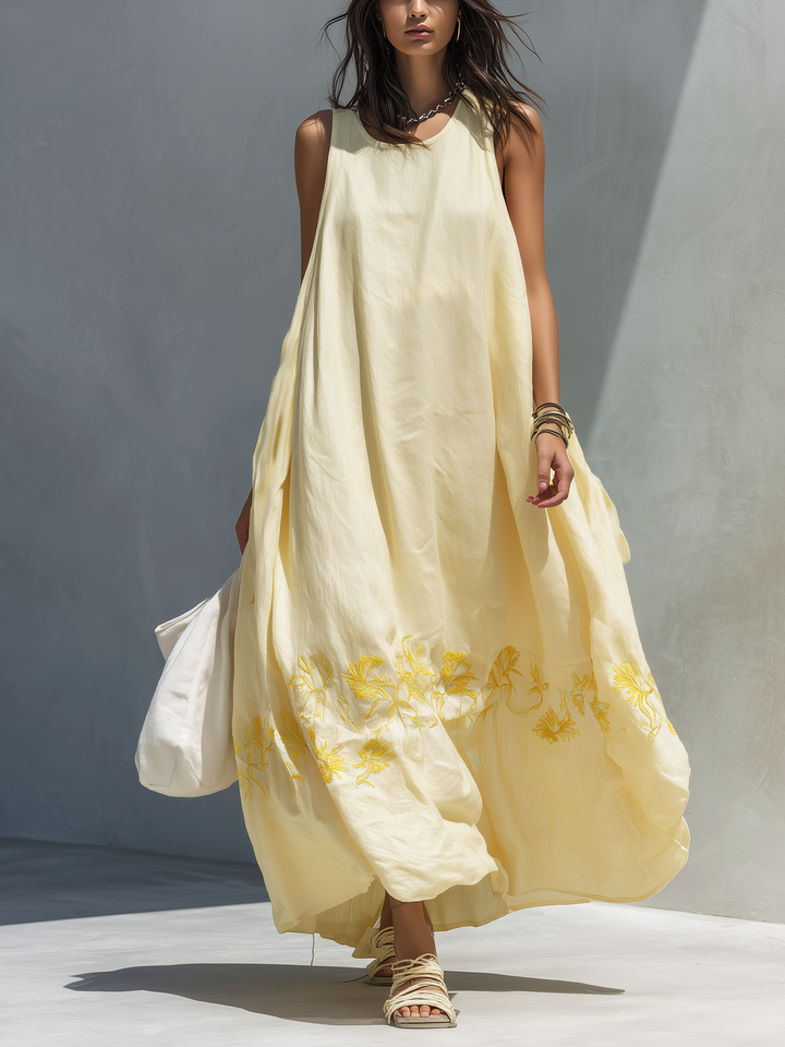 Women's Bright Yellow Woven Round Neck Sleeveless Embroidered Loose-fitting Long Dress With Resort Style