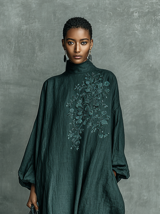 Women's Loose Cotton And Linen Blend Shoulder Embroidery Half-high Collar Long-sleeved Maxi Dress