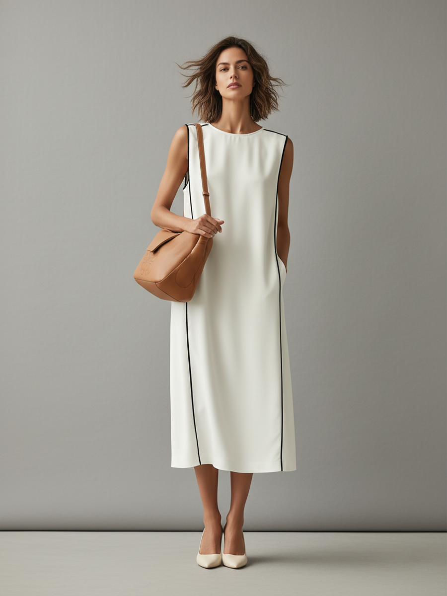 Damen weißes Baumwollkleid mit Kontrastpaspelierung und Seitentaschen, zeitlos minimalistischer-eleganter Stil
