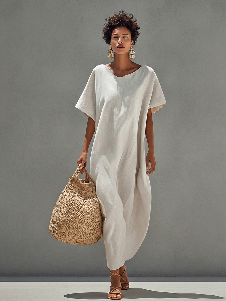 Women's White Linen Dress With Relaxed Fit & Minimalist Design, Timeless Resort-Casual Style Dress