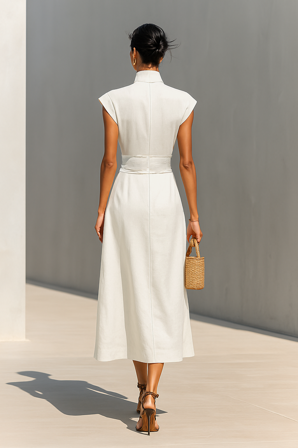 Vestito lungo da donna in puro cotone con maniche a cappuccio e revers in vita