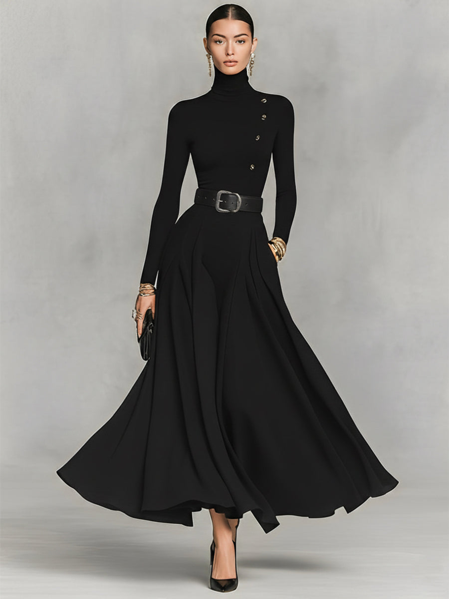 Women's Black Knit Elegant High Neck Button Detail Maxi Dress