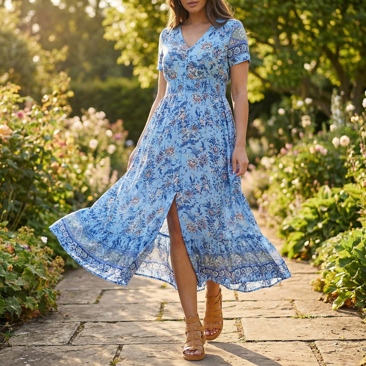 Women's Maxi Floral Dress with V-Neck and Short Sleeves