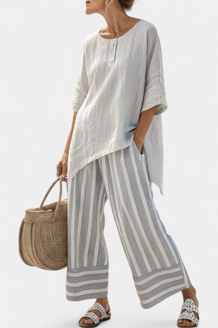 Talvora | Blusa elegante assimétrica e calça listrada