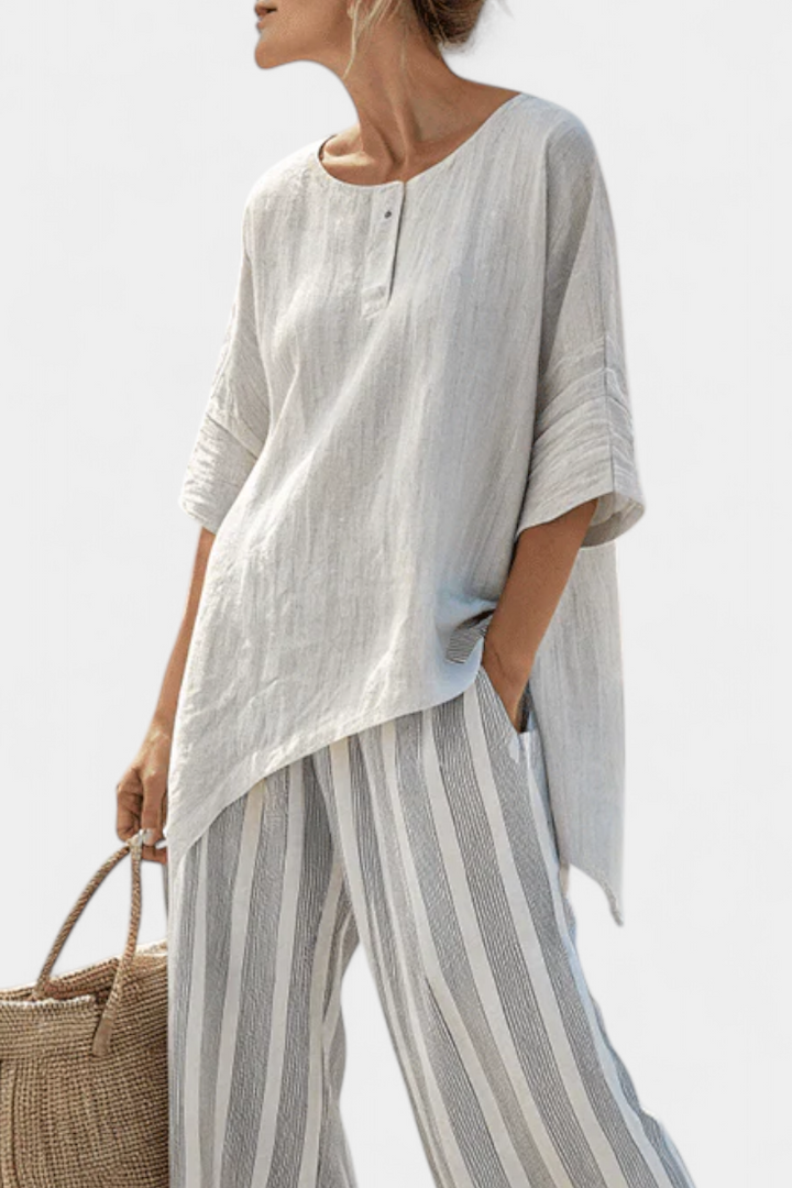 Talvora | Blusa elegante assimétrica e calça listrada