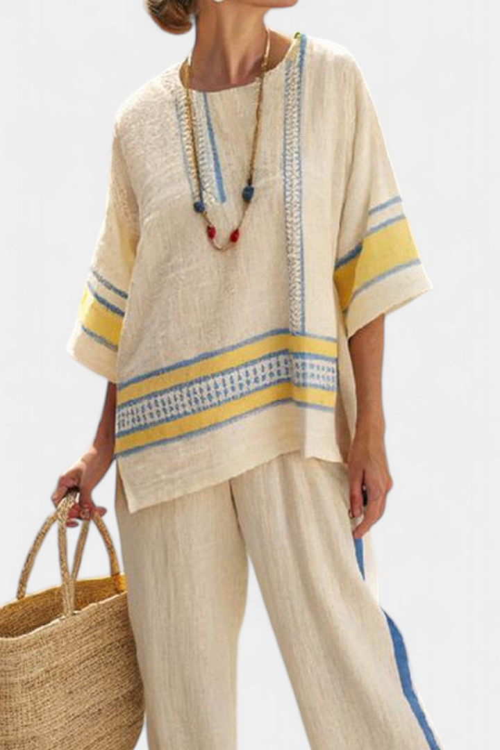 Jaxmere | Blusa confortável mediterrânea azul e amarela e calça de linho