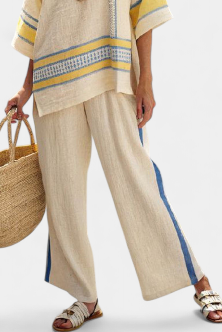 Jaxmere | Blusa confortável mediterrânea azul e amarela e calça de linho