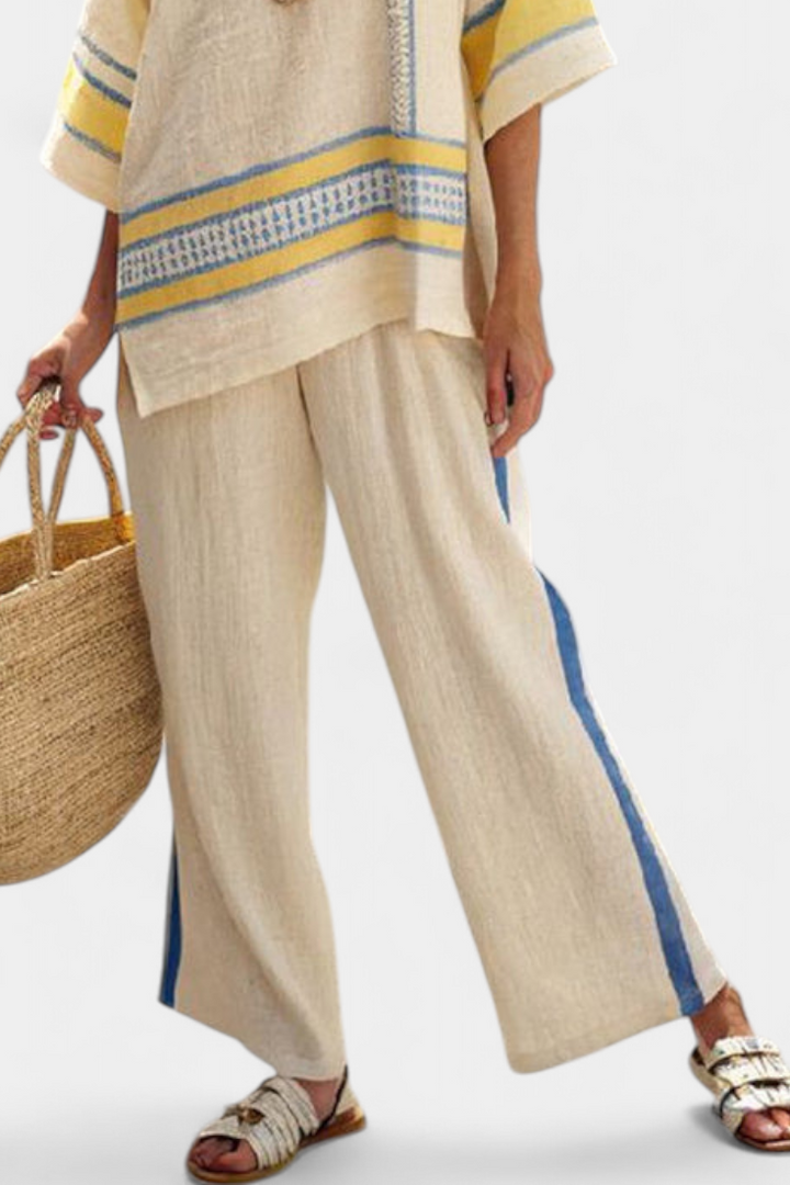 Jaxmere | Blusa confortável mediterrânea azul e amarela e calça de linho