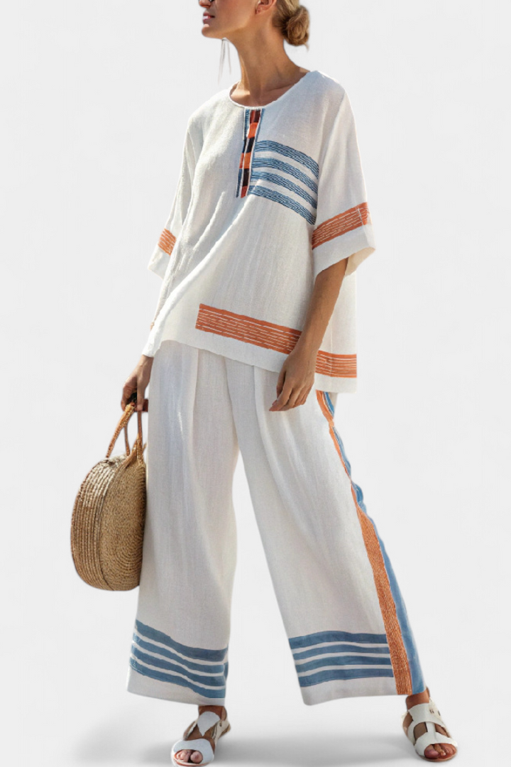 Marcellin | Blusa sofisticada listrada azul e laranja e calça