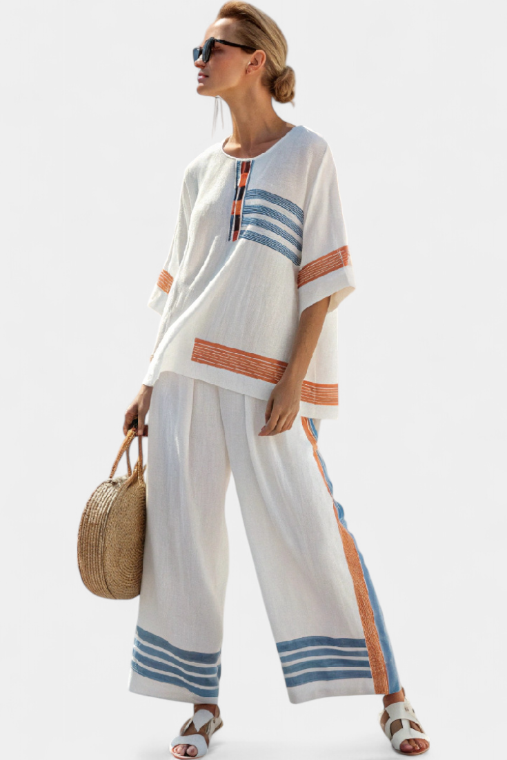 Marcellin | Blusa sofisticada listrada azul e laranja e calça